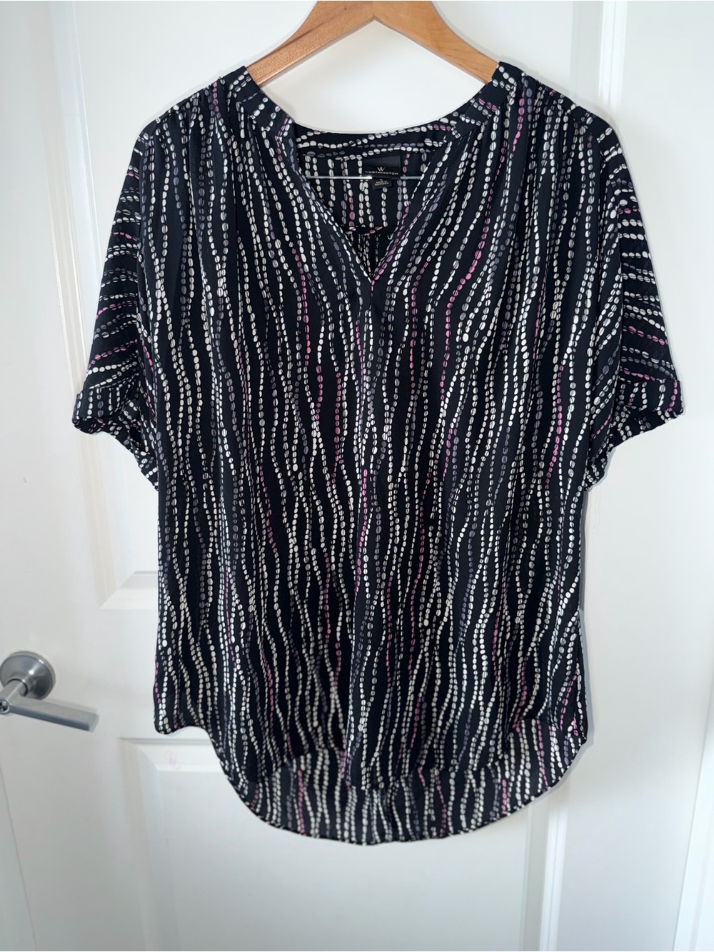 Worthington Black & Pink Abstract Striped Short Sleeve Blouse Size L
